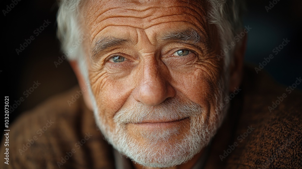Close-up portrait of a smiling elderly man with grey hair and blue eyes. Close-up portrait of a smiling elderly man with grey hair and blue eyes.
