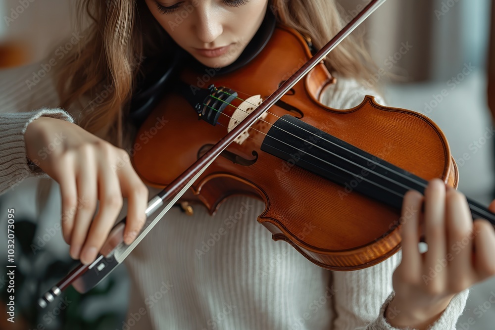 Beautiful woman musical artist playing violin at home Beautiful woman musical artist playing violin at home