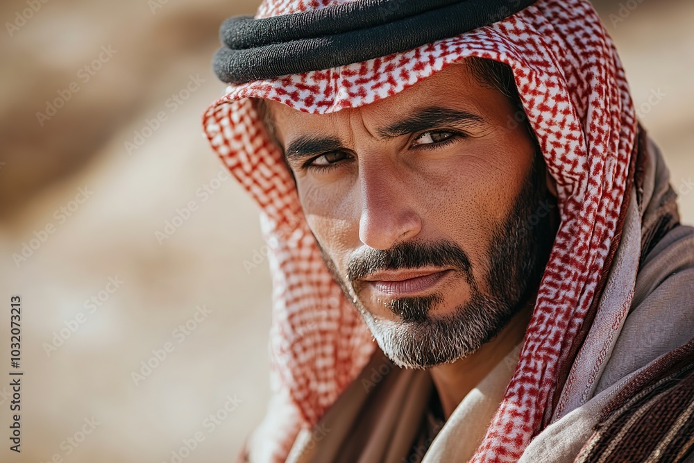 Portrait of arabic man in traditional clothes on blurred desert background Portrait of arabic man in traditional clothes on blurred desert background