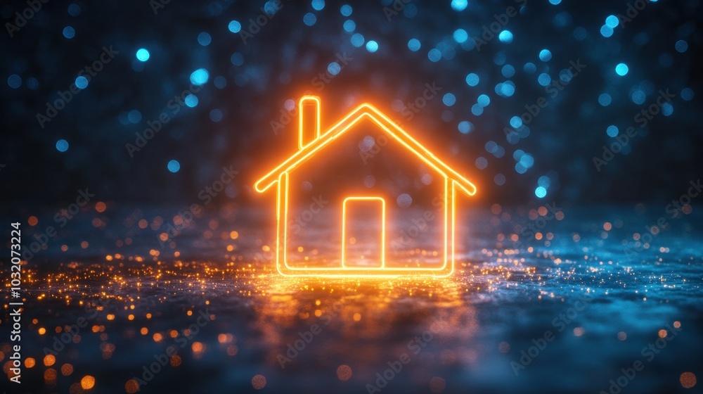A neon house symbol in bright orange shines on a dark, starry blue background, evoking warmth and shelter. A neon house symbol in bright orange shines on a dark, starry blue background, evoking warmth and shelter.