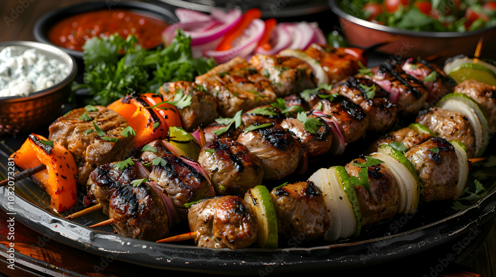 A platter of assorted kebabs with various marinades A platter of assorted kebabs with various marinades