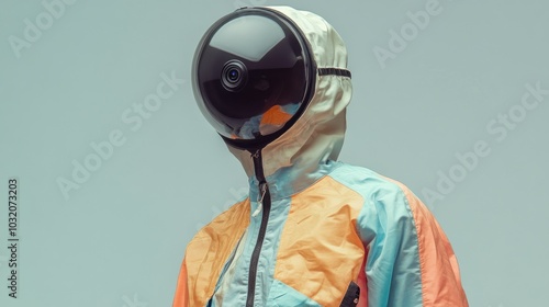 Close-up of a helmet with an artful colorful jacket photo