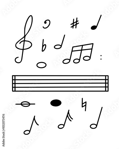 A set of various musical symbols and notes arranged above a blank staff, indicating a creative musical composition process