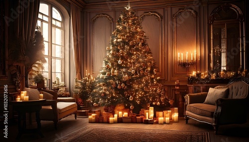 new year's decor; cozy interior with a beautiful christmas tree, garlands and candles in candlesticks