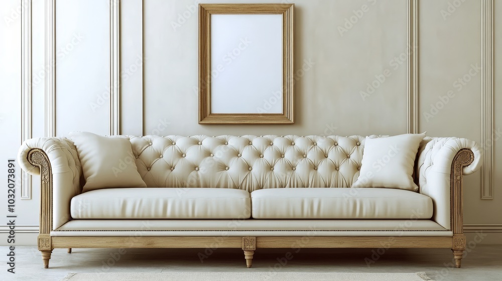 Fototapeta premium Luxurious white sofa in elegant, classic interior with vintage decor. Stylish living room.