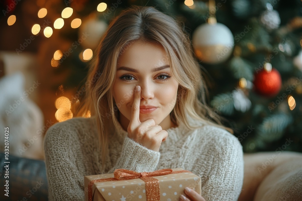 Happy caucasian lady showing sign of silence, closing eyes to husband holding present box, sitting in sofa with Xmas tree and garlands on background, Generative AI Happy caucasian lady showing sign of silence, closing eyes to husband holding present box, sitting in sofa with Xmas tree and garlands on background, Generative AI