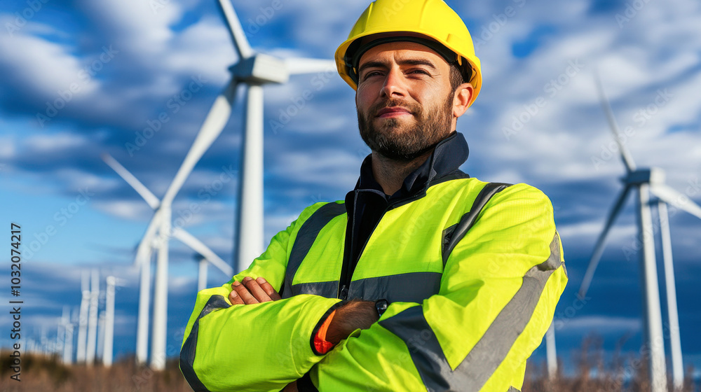 technician stands confidently in front of offshore wind turbines, showcasing safety and professionalism in renewable energy. vibrant landscape highlights importance of sustainable practices technician stands confidently in front of offshore wind turbines, showcasing safety and professionalism in renewable energy. vibrant landscape highlights importance of sustainable practices