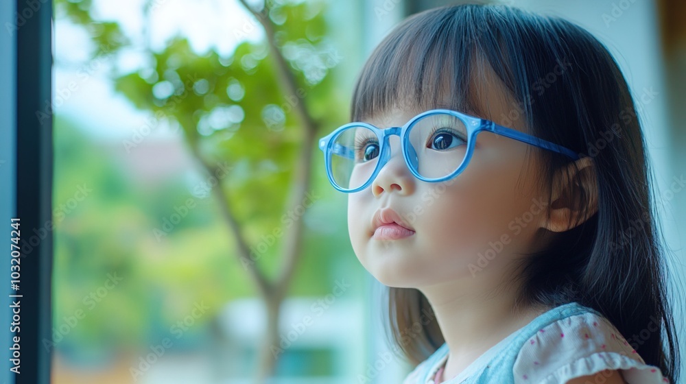 Young child wearing blue glasses focusing on distant tree outside window, symbolizing myopia prevention and importance of outdoor activities. Young child wearing blue glasses focusing on distant tree outside window, symbolizing myopia prevention and importance of outdoor activities.