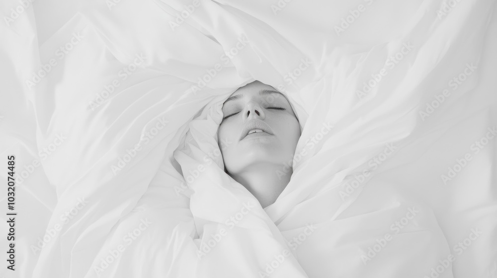 Ethereal figure cocooned in soft white layers. Ethereal figure cocooned in soft white layers.