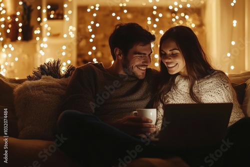 Happy couple using laptop computer, sitting on sofa and drinking tea, spouses enjoying New Year evening in interior with garland lights, Generative AI