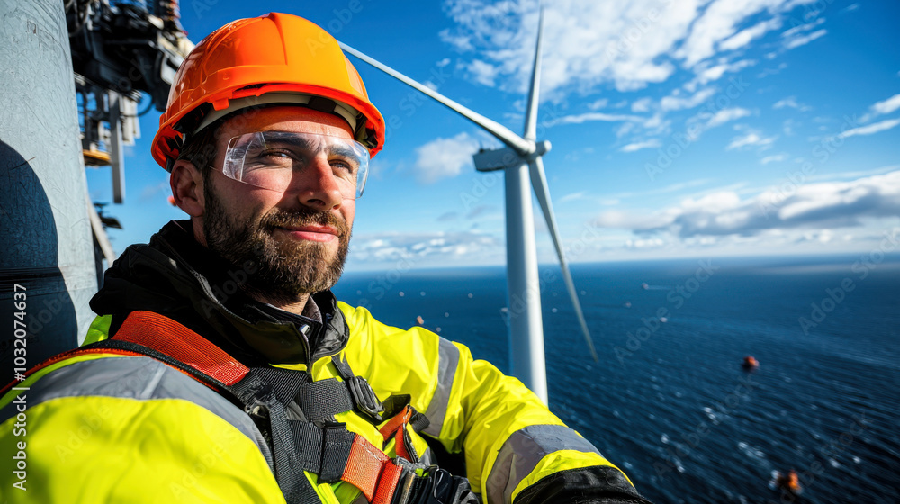 technician in safety helmet and bright work gear enjoys moment of calm while working on offshore wind turbine, showcasing beauty of renewable energy technician in safety helmet and bright work gear enjoys moment of calm while working on offshore wind turbine, showcasing beauty of renewable energy