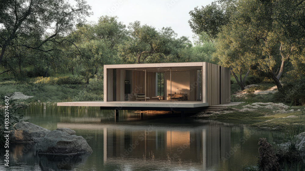 A sleek prefabricated structure set up in a natural environment, demonstrating efficient use of materials and minimal waste during construction A sleek prefabricated structure set up in a natural environment, demonstrating efficient use of materials and minimal waste during construction