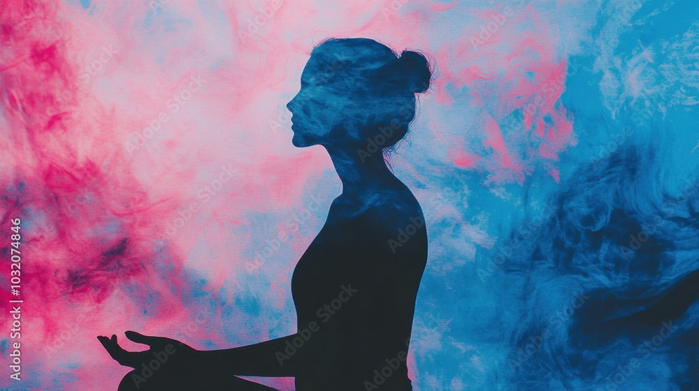 A silhouette meditating, with vibrant cosmic energy swirling in shades of blue and pink, evoking spiritual enlightenment. A silhouette meditating, with vibrant cosmic energy swirling in shades of blue and pink, evoking spiritual enlightenment.