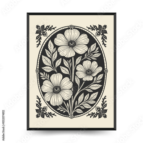 Abstract linocut floral posters template. Modern trendy minimal style. Black and white colors. Botanical blockprint. Hand drawn design for wallpaper, wall decor, print, postcard, cover, template.