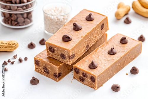 A Minimalist View of Peanut Butter and Chocolate Chip Protein Bars, With Scattered Ingredients on a White Surface, Protein Bar Photography, Protein Bar Marketing Photo Image