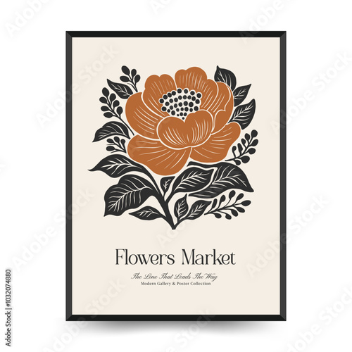 Abstract linocut floral posters template. Modern trendy minimal style. Black and white colors. Botanical blockprint. Hand drawn design for wallpaper, wall decor, print, postcard, cover, template.