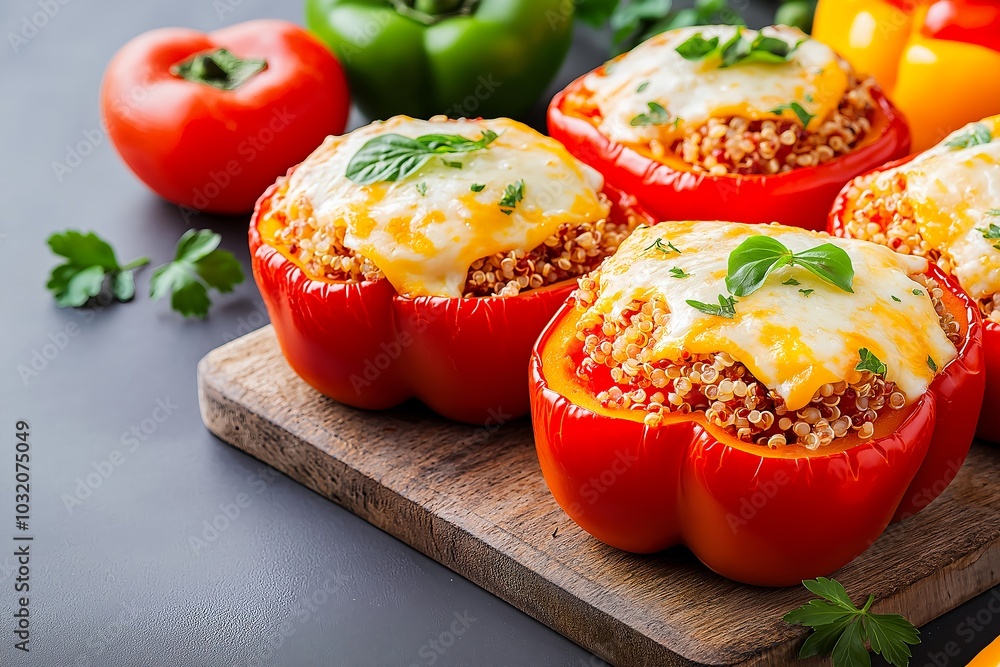 Oven-baked Stuffed Peppers With Cheese and Quinoa, Placed on a Marble Background, Food Photography, Food Menu Style Photo Image Oven-baked Stuffed Peppers With Cheese and Quinoa, Placed on a Marble Background, Food Photography, Food Menu Style Photo Image