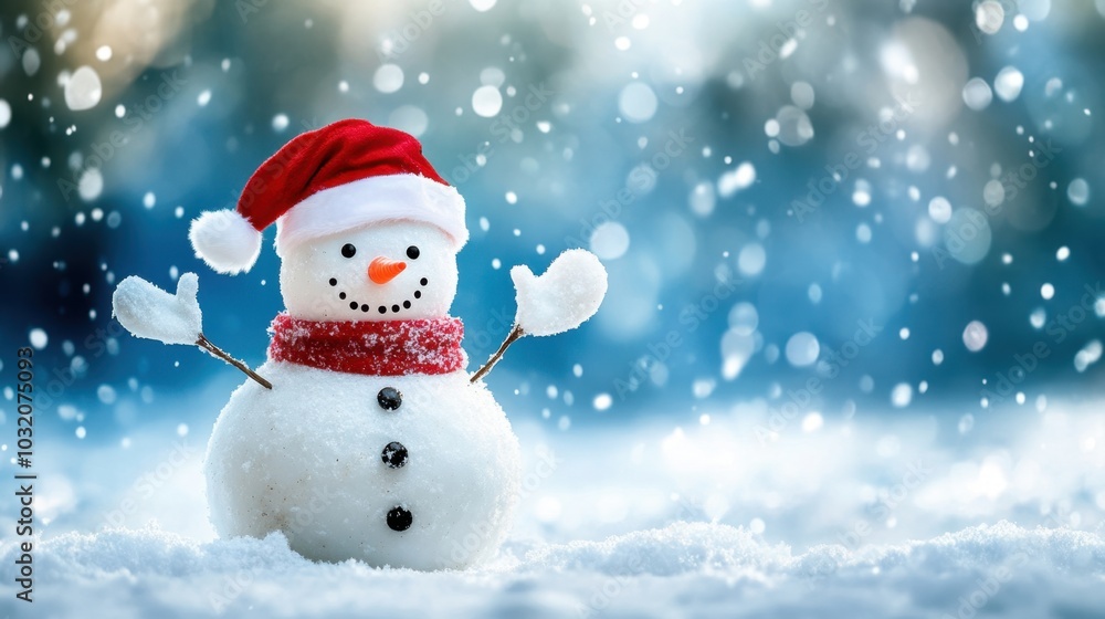 A snowman with a red Santa hat, waving happily amid a snowy landscape, bringing holiday cheer to a wintery world. A snowman with a red Santa hat, waving happily amid a snowy landscape, bringing holiday cheer to a wintery world.