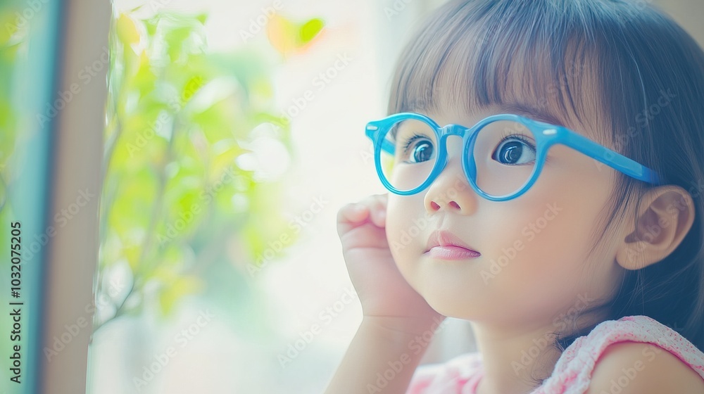 Young child wearing blue glasses focusing on distant tree outside window, symbolizing myopia prevention and importance of outdoor activities. Young child wearing blue glasses focusing on distant tree outside window, symbolizing myopia prevention and importance of outdoor activities.