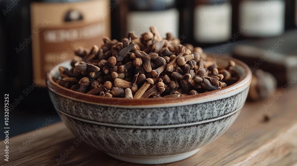 Fototapeta premium a small bowl filled with cloves, arranged aesthetically
