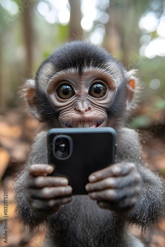 Playful monkey holding a smartphone.