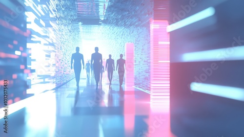 A team moves forward along a futuristic pathway, with holographic milestones lighting the way, symbolizing strategic goals and collaboration