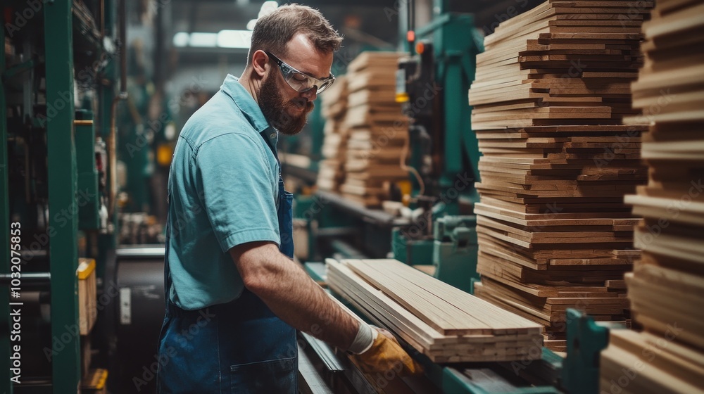 Man in protective gear handling wooden panels Man in protective gear handling wooden panels
