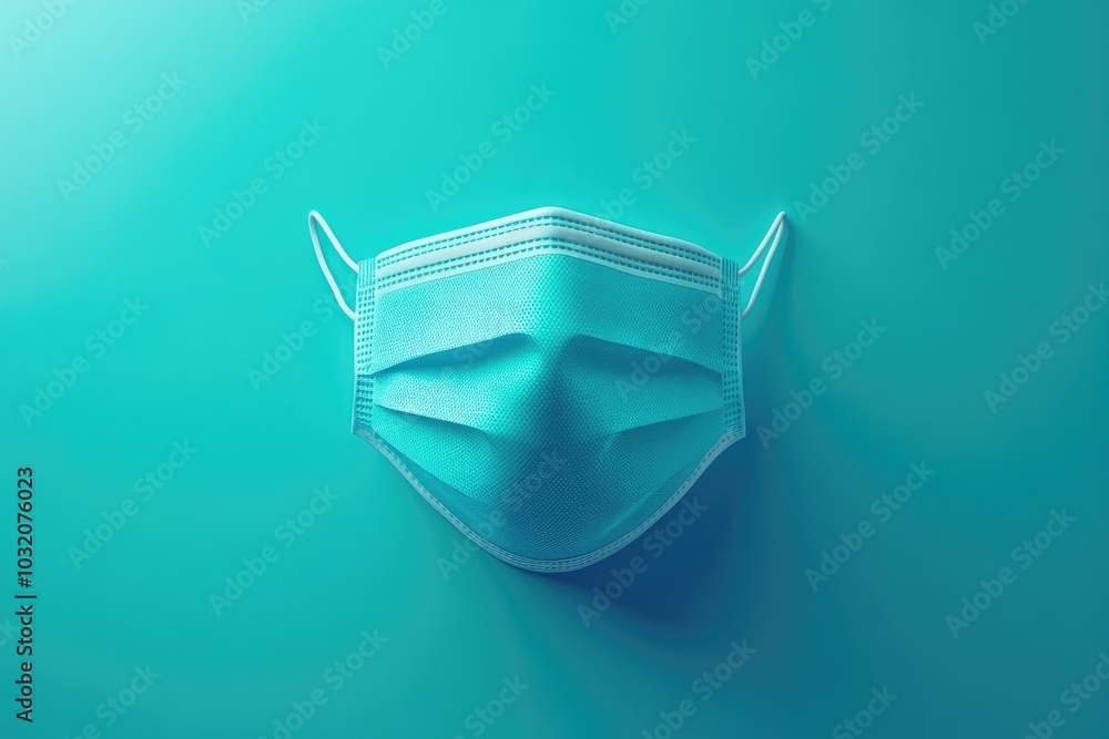 A blue surgical mask on a blue background. The mask is a symbol of safety and protection. A blue surgical mask on a blue background. The mask is a symbol of safety and protection.