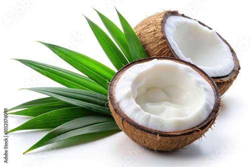 Minimalist Coconut Cocos with Cream and Green Leaf Isolated on White Background, Natural Ingredients, Tropical Vibes, Healthy Living, Organic Coconut, Fresh Cream, Spa Aesthetics