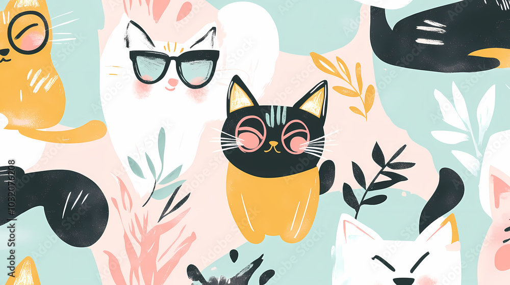 Seamless pattern with cute fashionable cats. Vector graphics. Seamless pattern with cute fashionable cats. Vector graphics.