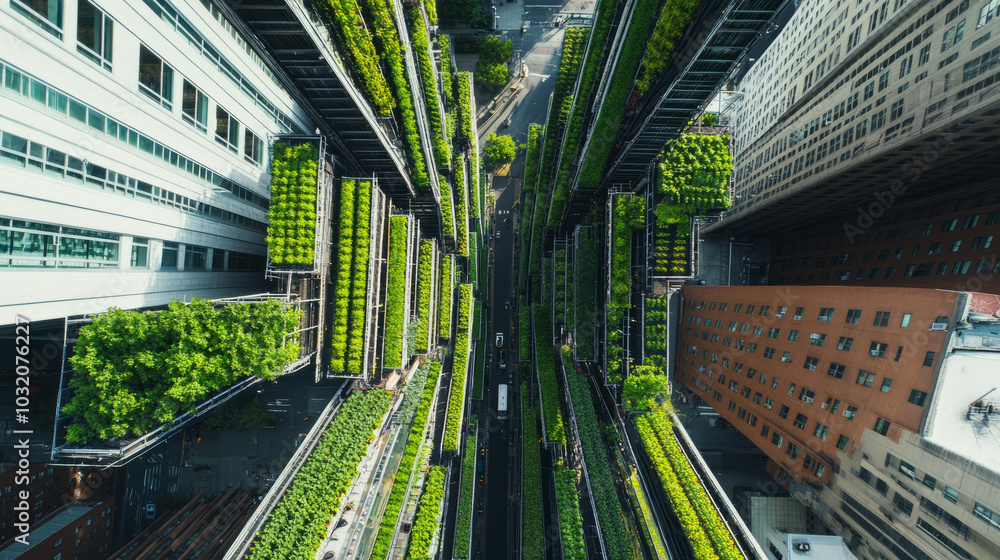An aerial view of an urban vertical farm, showcasing rows of crops growing on multiple levels within a city, emphasizing sustainable food production An aerial view of an urban vertical farm, showcasing rows of crops growing on multiple levels within a city, emphasizing sustainable food production