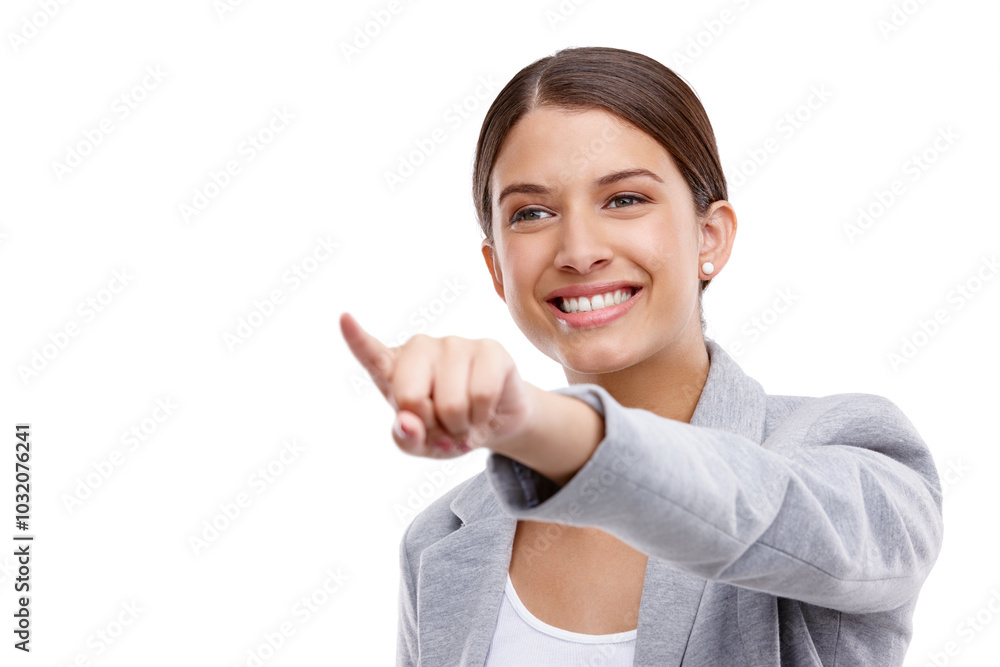 Smile, pointing and businesswoman in studio with mockup space for marketing, promotion or advertising. Happy, presentation and financial advisor with investment decision or option by white background Smile, pointing and businesswoman in studio with mockup space for marketing, promotion or advertising. Happy, presentation and financial advisor with investment decision or option by white background
