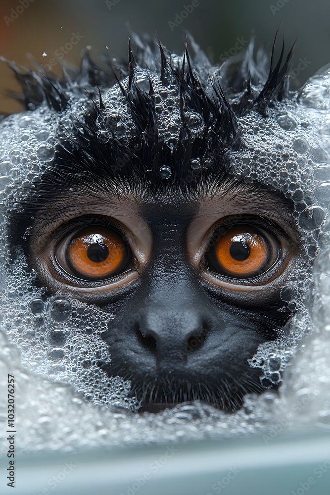 Mischievous monkey peeking out from under of bubbles in the bathtub. Mischievous monkey peeking out from under of bubbles in the bathtub.