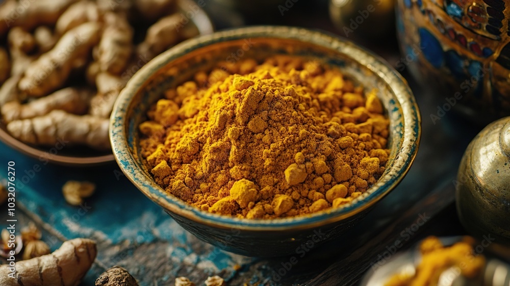 a small bowl filled with turmeric, arranged aesthetically a small bowl filled with turmeric, arranged aesthetically