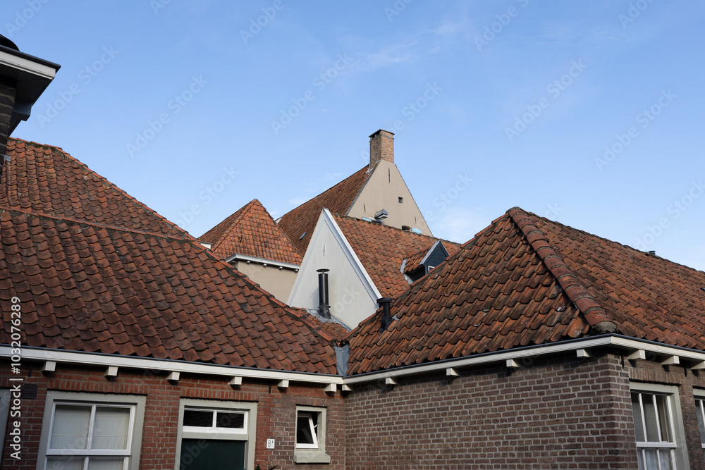 Panorama of picturesque vibrant sunlight illuminated rooftops of Hanseatic city Zutphen in The Netherlands against a blue sky. Historic architectural detail of Dutch town. Panorama of picturesque vibrant sunlight illuminated rooftops of Hanseatic city Zutphen in The Netherlands against a blue sky. Historic architectural detail of Dutch town.