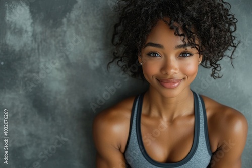 Fitness mat happy black american woman doing workout on gray background, Generative AI