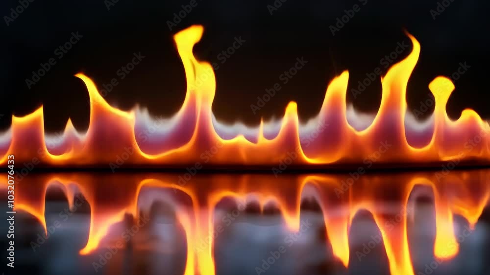 Flames with reflection on a dark surface.