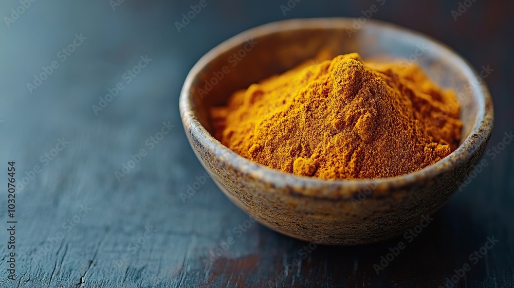 a small bowl filled with turmeric, arranged aesthetically with empty side for text a small bowl filled with turmeric, arranged aesthetically with empty side for text