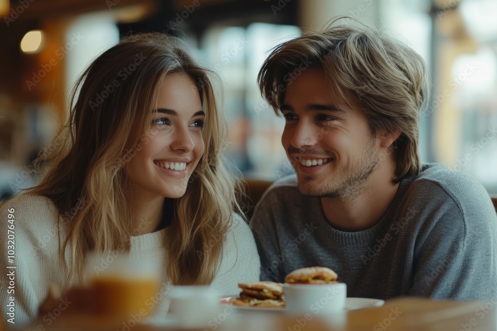 Happy european couple, man and woman talking, having date in cafe, eating sandwiches and drinking coffee indoors, Generative AI Happy european couple, man and woman talking, having date in cafe, eating sandwiches and drinking coffee indoors, Generative AI