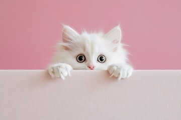 cute young fluffy white cat peeking out against pastel pink background