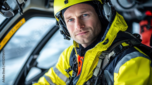 technician in bright yellow safety jacket and helmet is seated in helicopter, ready for offshore wind turbine operation. His focused expression reflects professionalism and readiness for task ahead