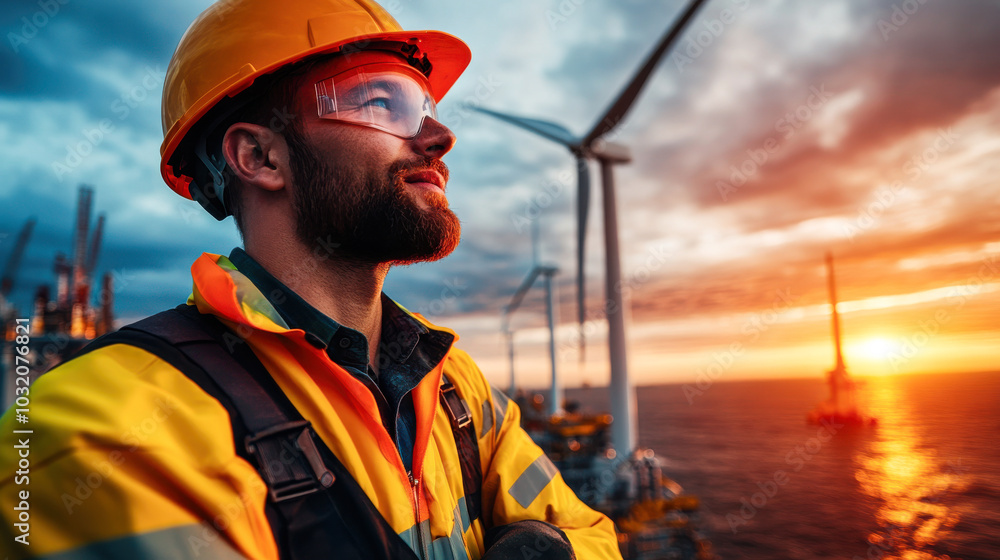 technician stands confidently on offshore wind turbine platform, wearing safety gear and helmet, as sun sets over ocean, creating stunning backdrop technician stands confidently on offshore wind turbine platform, wearing safety gear and helmet, as sun sets over ocean, creating stunning backdrop