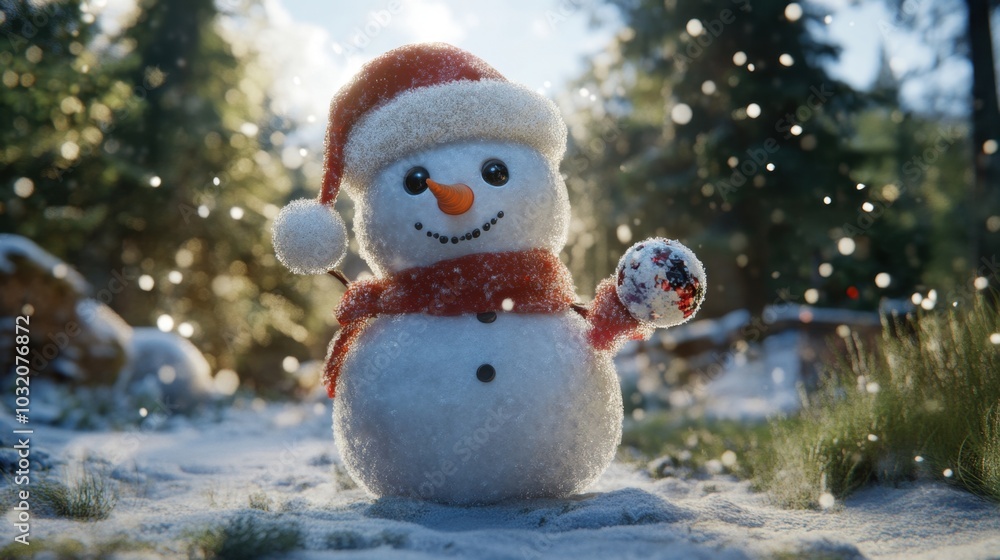 Adorable snowman in a Santa hat, holding a snowball playfully in a snowy forest setting, evoking holiday cheer, 3D winter scene. Adorable snowman in a Santa hat, holding a snowball playfully in a snowy forest setting, evoking holiday cheer, 3D winter scene.