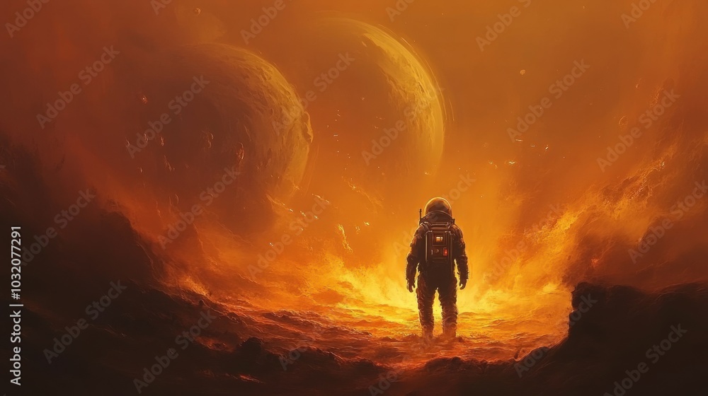 An abstract depiction of a lone space explorer drifting among glowing cosmic dust and distant celestial bodies, embodying the vastness of the universe An abstract depiction of a lone space explorer drifting among glowing cosmic dust and distant celestial bodies, embodying the vastness of the universe