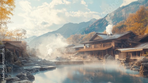 A traditional Japanese hot spring resort nestled in the mountains, with detailed steam rising from the water and peaceful surroundings.