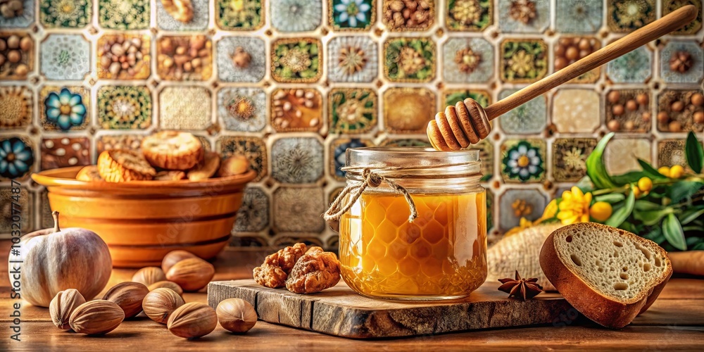 Fototapeta premium Golden Honey Drizzled Over a Wooden Dipping Stick, Surrounded by Rustic Elements on a Wooden Tabletop