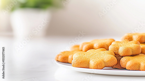 Homemade flower-shaped cookies with a rustic touch A delicious close-up of homemade flower-shaped cookies arranged on a smooth white countertop. The cookies have a golden-brown col photo