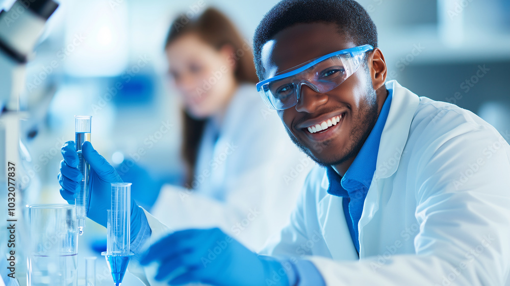 College students conducting experiments in science lab A group of diverse college students in lab coats, smiling and engaged in a collaborative scientific experiment in a bright, m College students conducting experiments in science lab A group of diverse college students in lab coats, smiling and engaged in a collaborative scientific experiment in a bright, m