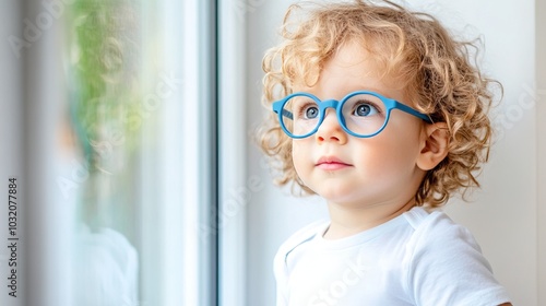 Wallpaper Mural Young child wearing blue glasses focusing on distant tree outside window, symbolizing myopia prevention and importance of outdoor activities. Torontodigital.ca