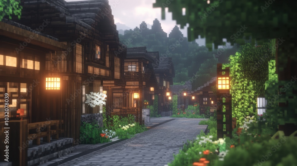 A traditional Japanese street during sunset, with detailed wooden houses, lanterns glowing softly, and a quiet atmosphere. A traditional Japanese street during sunset, with detailed wooden houses, lanterns glowing softly, and a quiet atmosphere.